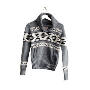TNA Womens Aztec Nordic Lambswool Foldover V-neck Long Sleeve Sweater Gray Small